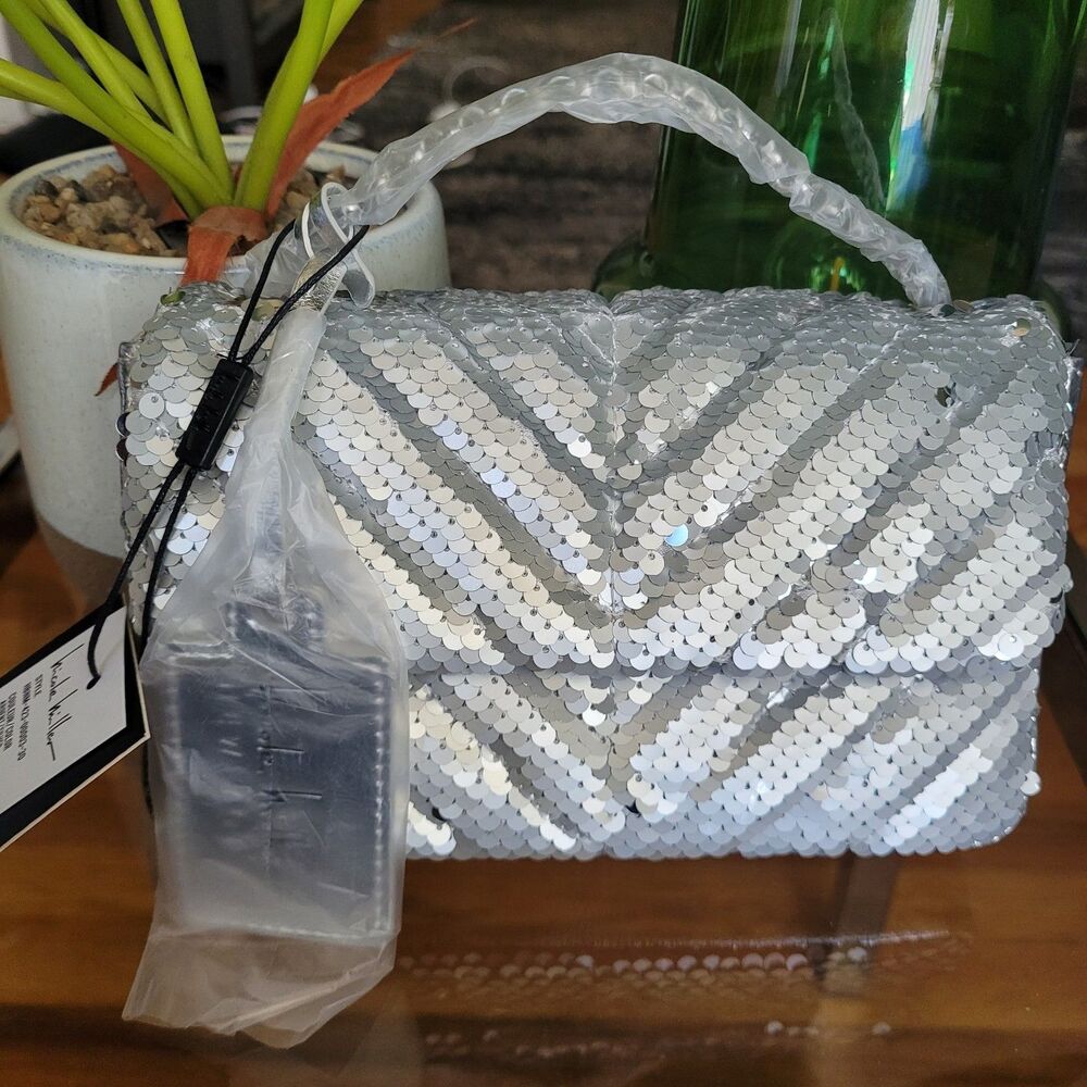 Nicole Miller Silver Sequin Handbag Chevron Quilted Crossbody Purse Evening Bag - Picture 10 of 12